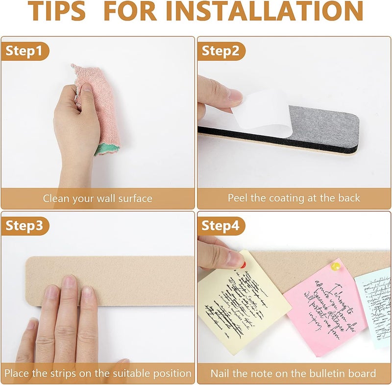 Arlasuo 5 Pack Felt Pin Board Bar Strips Bulletin Board for Bedrooms Offices Home Wall Decoration, Notice Board Self Adhesive Cork Board with 35 Push Pins for Paste Notes, Photos, Schedules (Camel) - Image 3